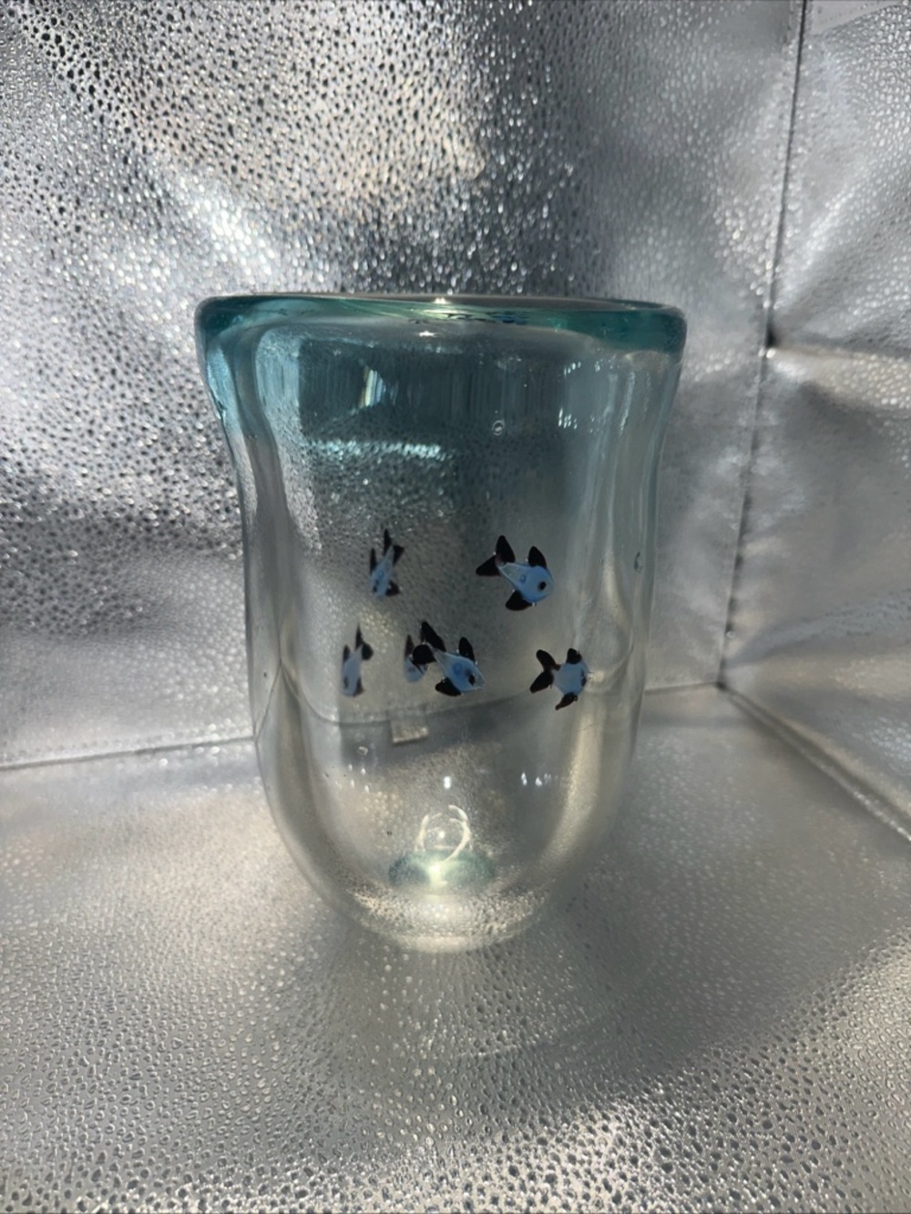 Beautiful Murano Heavy Thick Glass Blue Hand Painted Fish Aquarium vase 8 1/4”